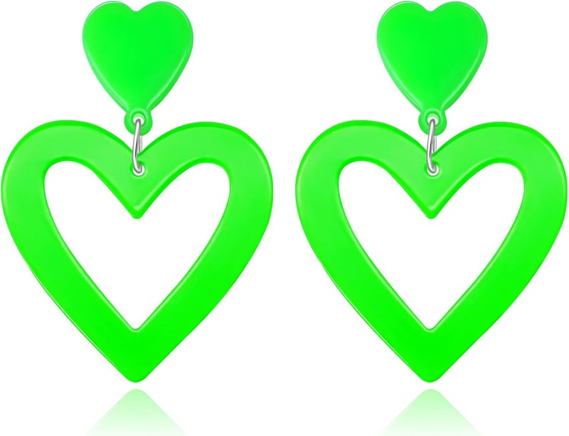 HOLYRY Neon Heart Earrings for Women Acrylic Neon Earrings 80s 90s Outfit for Women Glow Party Accessories Gifts Hot Pink Orange Green Yellow - Image 1